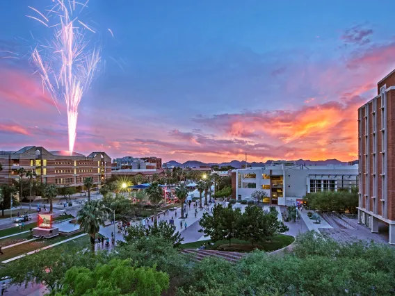 Fireworks illuminate the night sky above a bustling city, creating a mesmerizing display of vibrant colors and sparkling lights.