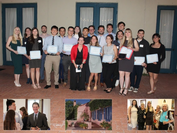 [A selection of winners from the Department of Medicine Education Awards Ceremony, April 29 at the Arizona Inn (inset center) and Drs. Kevin Moynahan (left) and Mindy Fain and Julia Jernberg (right) mingling with student and resident winners.]