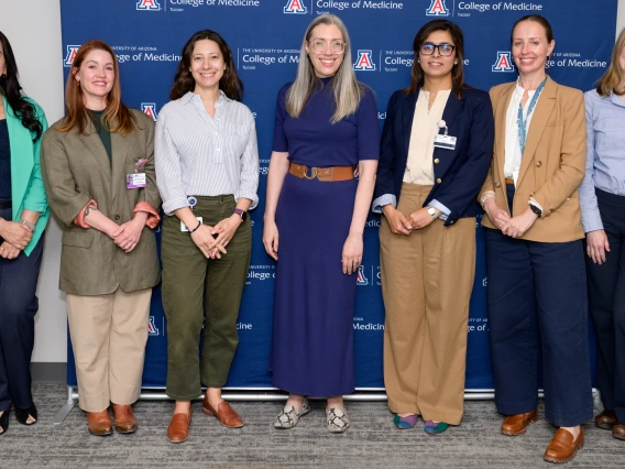 [From left, Hina Arif, MD (Medical Imaging), College of Medicine – Tucson assistant dean for Leadership Advancement in Medicine and Science, with 2024-25 SSWIMS/LAMS Fellowship graduates: Billie Bixby, MD (DOM – Pulmonary division); Michelle Abbate, MD (OB-GYN); Amy Klein, MD (DOM – GGP division, Palliative Medicine); Saher Khalid, MD (DOM – GGP division, GIM); Danielle Avila, MD (DOM – Infectious Diseases division); and Alexandra Turner, MD (Surgery).]