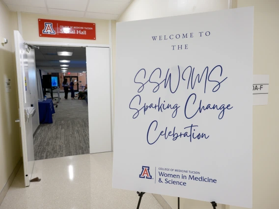 [Signage outside the University of Arizona College of Medicine – Tucson’s Social Hall, which hosted the 2024-25 graduation event, or Sparking Change Celebration, on May 6 for the newly rechristened Leadership Advancement in Medicine and Science Fellowship program.]