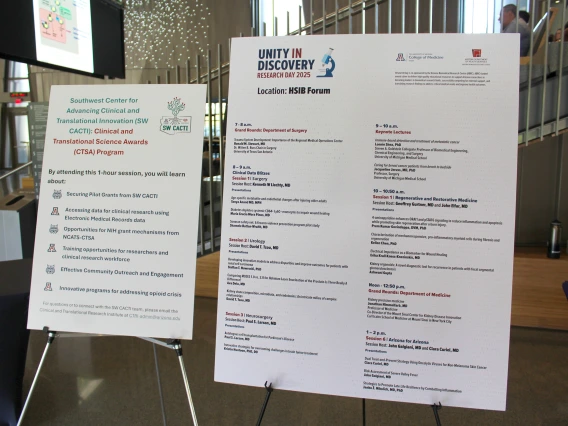 [The COM-T Research Day 2025 lineup for the day’s events at the Health Sciences Innovation Building include two keynote speakers and two grand rounds lectures, one by the Department of Surgery and one by the Department of Medicine, as well as several Breakout Sessions that include three hosted by DOM faculty.]