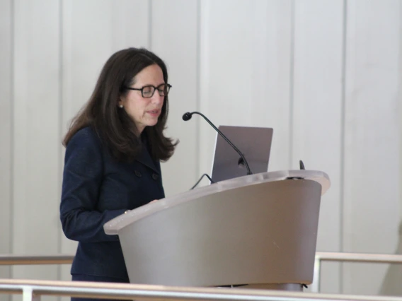 [Second keynote speaker Jacqueline Jeruss, MD, PhD, a University of Michigan professor of surgery, addresses the audience in the HSIB Forum. Her talk was on, “Caring for breast cancer patients from bench to bedside.”]