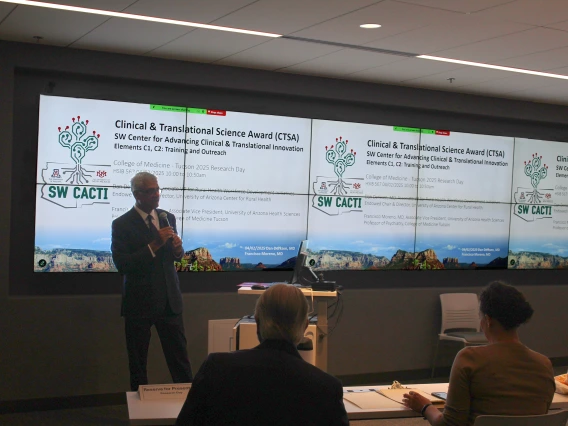 [The DOM’s Sairam Parthasarathy, MD, tees up the first speaker on an alliance between the U of A and University of New Mexico to leverage their strengths for a joint effort at a CTSA grant as the Southwest Center for Advancing Clinical & Translational Innovation (SW CACTI).]