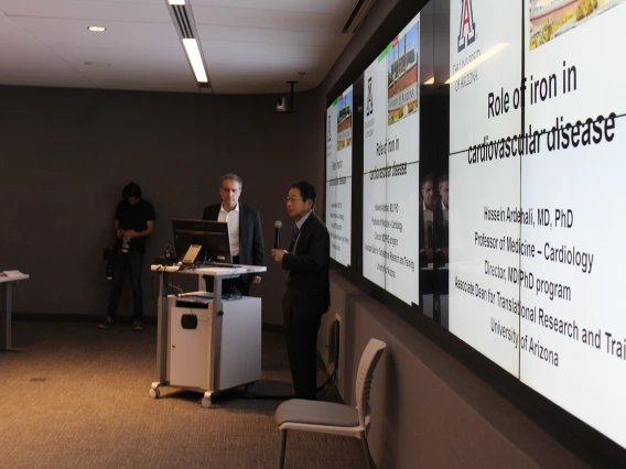 [DOM Chair James Liao, MD, introduces Hossein Ardehali, MD, PhD, who spoke on the “Role of iron and metabolic processes in cardiovascular disease.”]