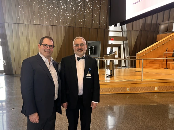 [Jonathan Himmelfarb, MD,  co-director of New York’s Mount Sinai Center for Kidney Disease Innovation, and U of A Division of Nephrology Chief Bekir Tanriover, MD, MPH, MBA, prior to Dr. Himmelfarb’s Medicine Grand Rounds address at COM-T Research Day 2025.]