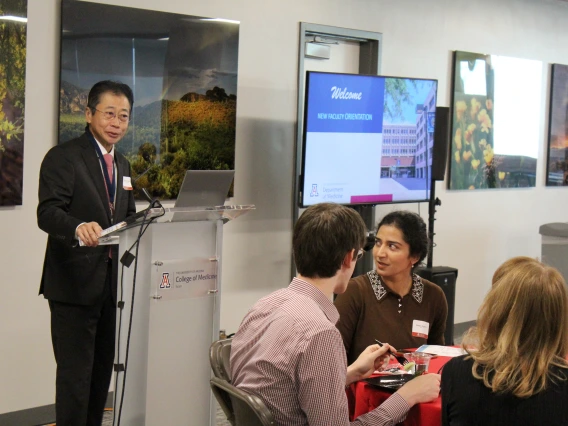 [Department of Medicine Chair James K. Liao, MD, welcomes attendees at the department’s second annual New Faculty Retreat hosted April 4 in the COM-T Social Hall.]