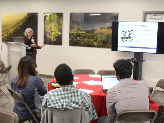 [Mindy Fain, MD, presents on varied communication styles, noting that we all have a “blend” of techniques to get our points across as we communicate with each other, although we often have a preferred style. ]