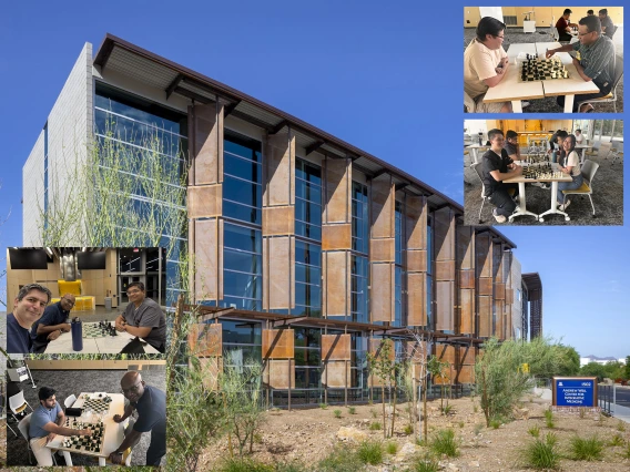 [A photo of the Andrew Weil Center for Integrative Medicine complex at 1502 E. Mabel St. in Tucson, with photos inset from the WellDOM Chess Club meeting hosted there July 7.]