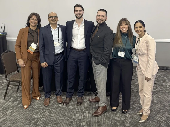 [Last year’s ACP-AZ Chapter Scientific Committee meeting chair and the ACP-AZ Fall Board of Governors Task Force chair Indu Partha, MD (left), with next year’s meeting chair Bujji Ainapurapu, MD, Joey Ghotmi (MS4), Ben Litmanovich (MS4), 2025 ACP-AZ Chapter Educator of the Year Amy Sussman, MD, and Nandini Sodhi (MS4).]