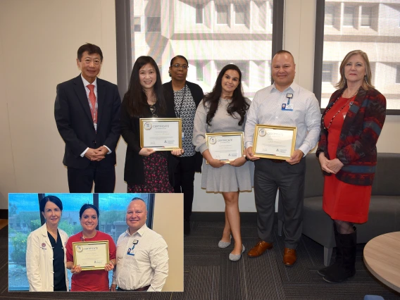 [Two photos of Staff Appreciation Event honorees hosted by the Department of Medicine, including an inset shot of Dermatology department’s Clara Curiel-Lewandrowski, MD (chair), Angelica Bonfiglio and Julio Valencia. The larger photo includes Department of Medicine chair Jim Liao, MD, DOM administrator Phet Chen, Tonya Carney, Ali Kellerman, Julio Valencia and DOM associate administrator Cynthia Campas.]