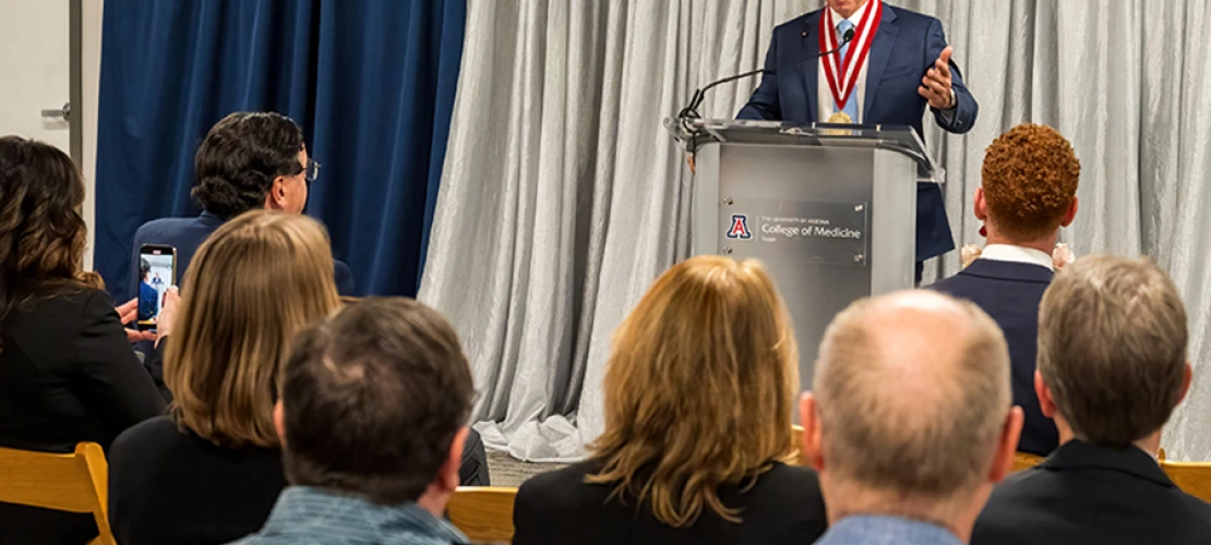 Hesham Sadek, MD, PhD, Cardiology division chief and Sarver Heart Center director, makes a point during comments at his investiture ceremony.