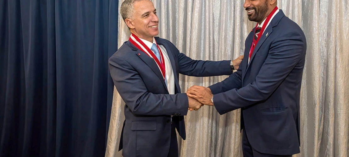 Congratulating each other on their new status as College of Medicine – Tucson endowed chairs: Hesham Sadek, MD, PhD, Cardiology division chief and Sarver Heart Center director, and Sakthivel Sadayappan, PhD, chair, Department of Cellular & Molecular Medicine, and associate director, Sarver Heart Center.