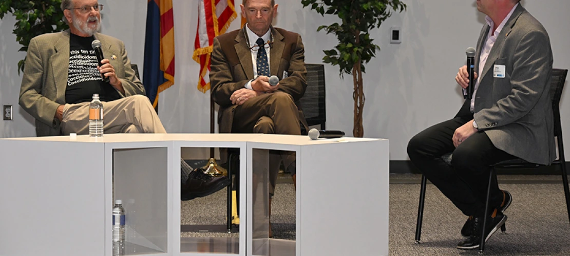 Dr. John Galgiani gestures while discussing development of a vaccine to prevent Valley fever infections in dogs and a potential human vaccine at a panel discussion at the AZBio Week festivities in Phoenix.