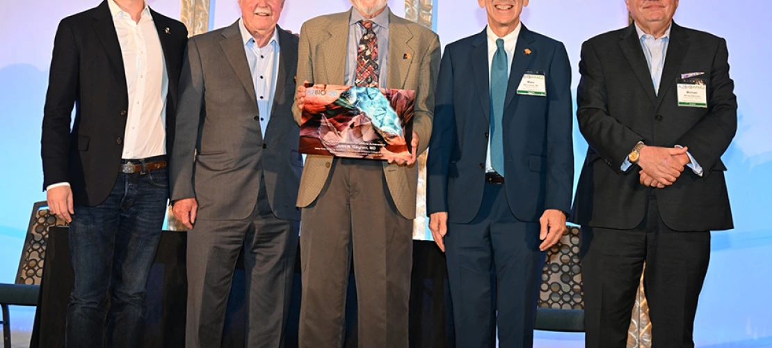 Pictured are Dylan Balsz, CEO of Anivive, the company developing a cocci vaccine for dogs and possibly humans; UA Pathology’s and Ventana Medical’s Dr. Tom Grogan; Dr. Galgiani (holding Pioneer Award); Dr. Marvin Slepian, of the UArizona Division of Cardiology, Sarver Heart Center and Arizona Center for Accelerated Biomedical Innovation; and Michael M. I. Abecassis, MD, MBA, dean of the UArizona College of Medicine – Tucson. Both Drs. Grogan and Slepian are past Pioneer Award winners.