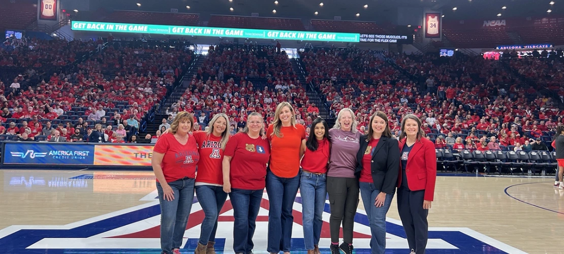 Pictured, left to right, at center court are: SharonPowell, AGNP-C; Diseree Anguiz, FNP; Claudia Guerrero, FNP; Allison Klatt, FNP-BC; Iniya Rajendran, MBBS, MPH; Judith Lyle, FNP; Sarah Voll, ACNP; and Elizabeth Juneman, MD – cardiovascular professionals all.