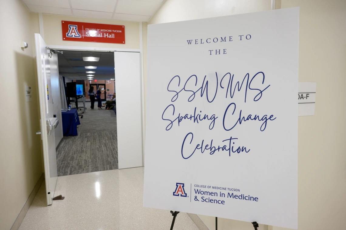 [Signage outside the University of Arizona College of Medicine – Tucson’s Social Hall, which hosted the 2024-25 graduation event, or Sparking Change Celebration, on May 6 for the newly rechristened Leadership Advancement in Medicine and Science Fellowship program.]