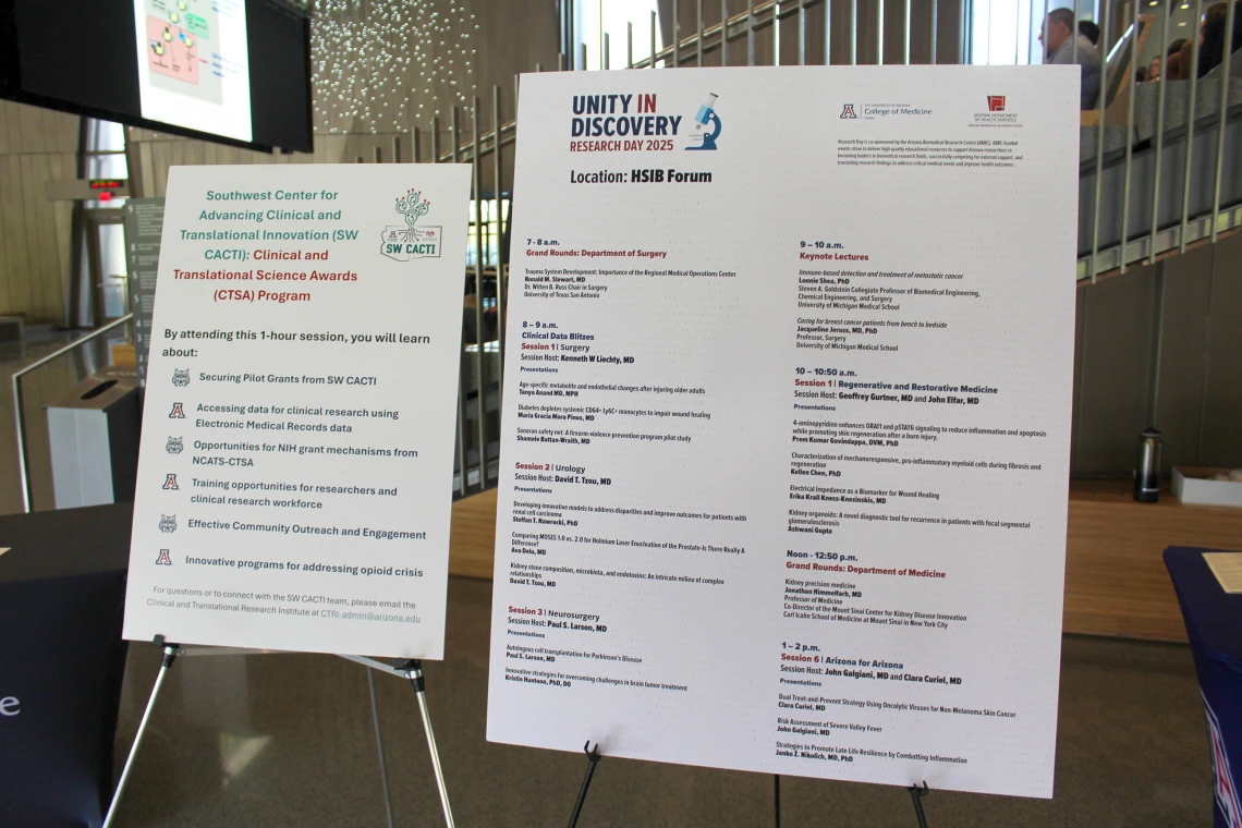 [The COM-T Research Day 2025 lineup for the day’s events at the Health Sciences Innovation Building include two keynote speakers and two grand rounds lectures, one by the Department of Surgery and one by the Department of Medicine, as well as several Breakout Sessions that include three hosted by DOM faculty.]