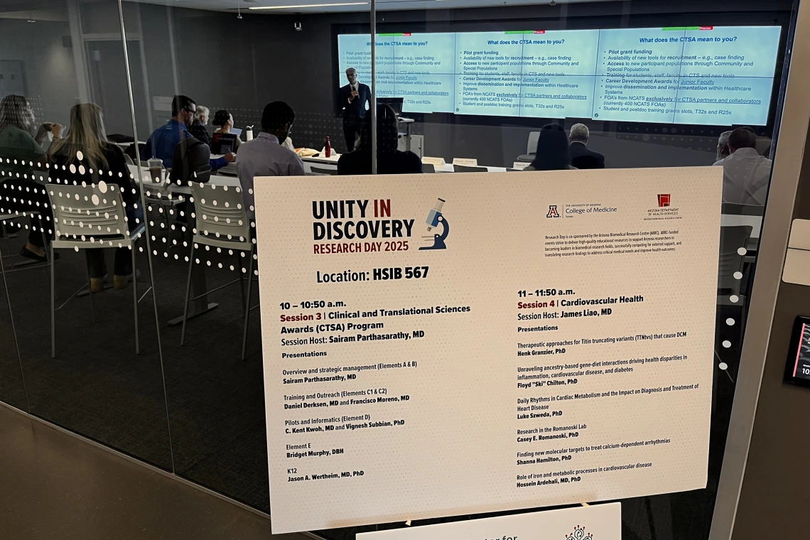 [The day’s dance card for HSIB Room 567, where two morning sessions hosted by Department of Medicine faculty will be held at COM-T Research Day 2025, Pulmonary division Chief Sairam Parthasarathy, MD (in background above), and DOM Chair Jim Liao, MD. ]