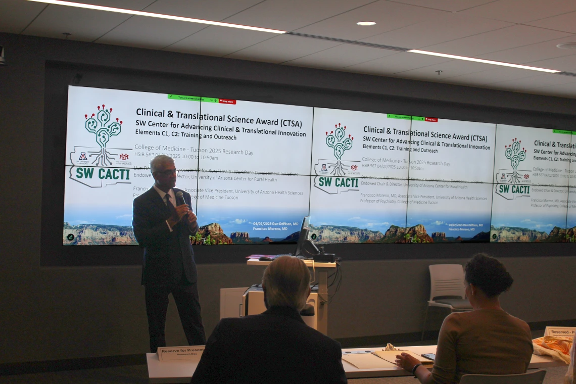 [The DOM’s Sairam Parthasarathy, MD, tees up the first speaker on an alliance between the U of A and University of New Mexico to leverage their strengths for a joint effort at a CTSA grant as the Southwest Center for Advancing Clinical & Translational Innovation (SW CACTI).]