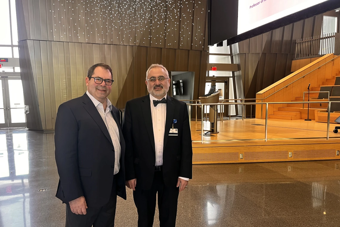 [Jonathan Himmelfarb, MD,  co-director of New York’s Mount Sinai Center for Kidney Disease Innovation, and U of A Division of Nephrology Chief Bekir Tanriover, MD, MPH, MBA, prior to Dr. Himmelfarb’s Medicine Grand Rounds address at COM-T Research Day 2025.]