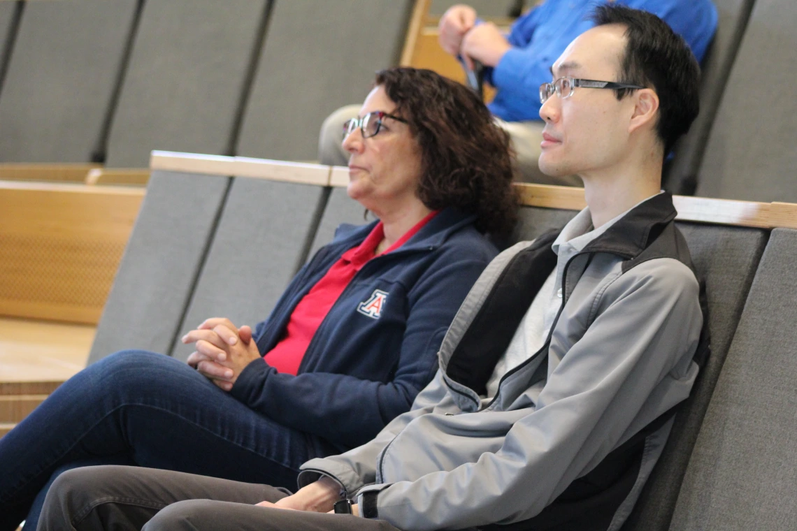 [Fariba Donovan, MD, PhD, a colleague of Dr. John Galgiani at the Valley Fever Center for Excellence, and fellow professor in the Division of Infectious Diseases, listens to his presentation.]
