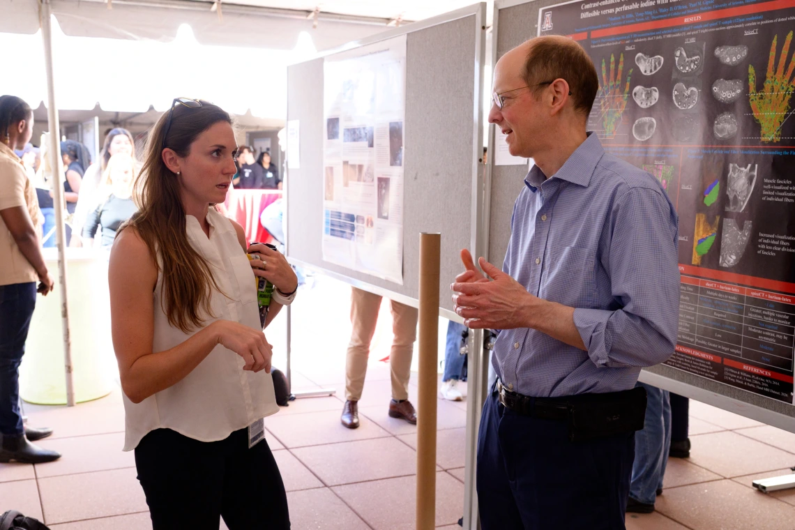 [A medical student and Jason Wertheim, MD, PhD, COM-T vice dean for research and graduate studies as well as a professor in the Department of Surgery, chat about his lab’s research, which centers on biomedical engineering of cells to grow into mature tissue for therapy and transplantation.]