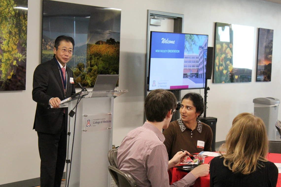[Department of Medicine Chair James K. Liao, MD, welcomes attendees at the department’s second annual New Faculty Retreat hosted April 4 in the COM-T Social Hall.]