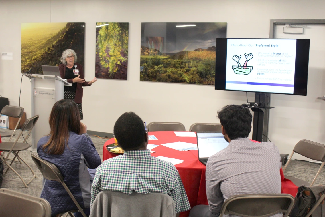 [Mindy Fain, MD, presents on varied communication styles, noting that we all have a “blend” of techniques to get our points across as we communicate with each other, although we often have a preferred style. ]