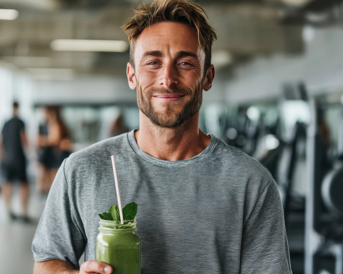 man with green smoothie