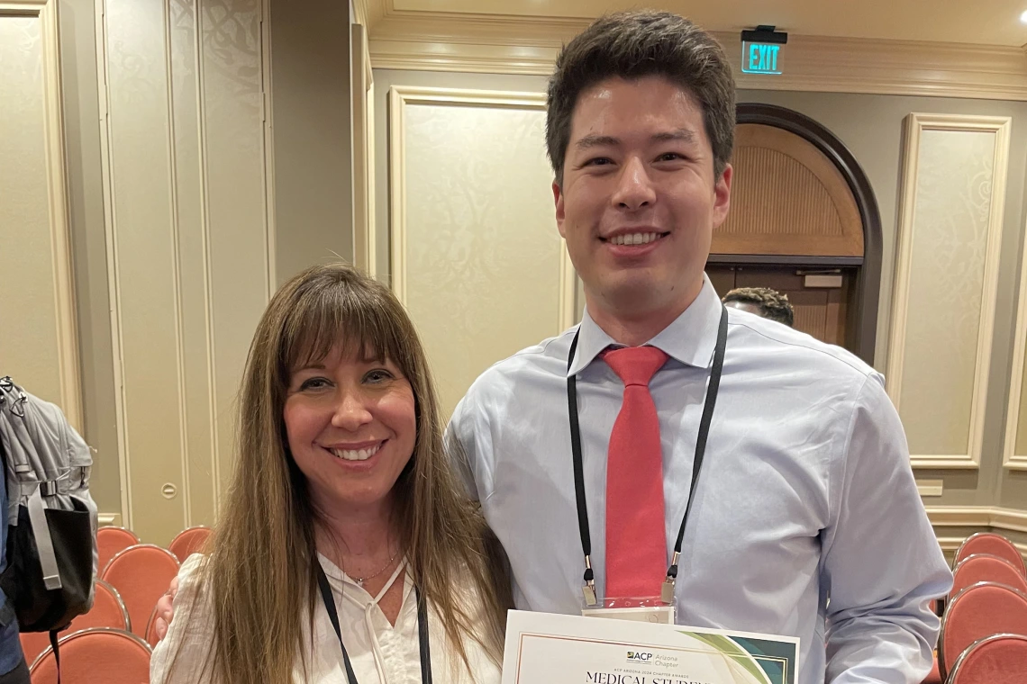 [DOM Vice Chair for Education Amy Sussman, MD, with Joseph Gunderson (MS4), the recipient of the prestigious 2024 ACP-AZ Chapter Student of the Year award.]