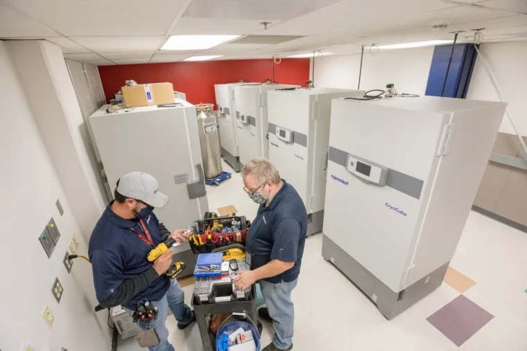 The University of Arizona freezer farm has seven freezers that operate at minus 80 degrees Celsius and one that operates at minus 20 C. Additional freezers are coming.