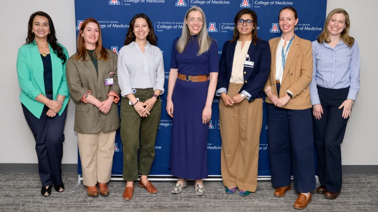 [From left, Hina Arif, MD (Medical Imaging), College of Medicine – Tucson assistant dean for Leadership Advancement in Medicine and Science, with 2024-25 SSWIMS/LAMS Fellowship graduates: Billie Bixby, MD (DOM – Pulmonary division); Michelle Abbate, MD (OB-GYN); Amy Klein, MD (DOM – GGP division, Palliative Medicine); Saher Khalid, MD (DOM – GGP division, GIM); Danielle Avila, MD (DOM – Infectious Diseases division); and Alexandra Turner, MD (Surgery).]