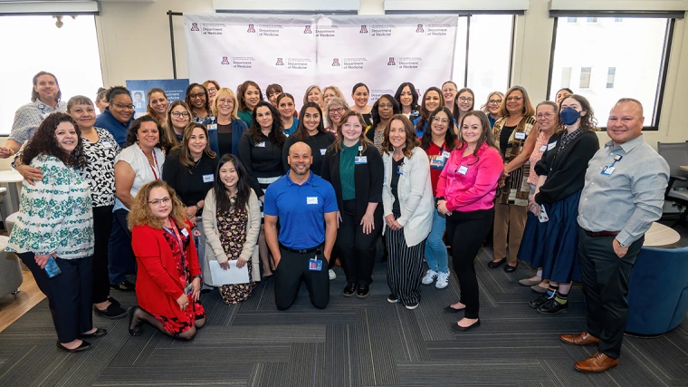 [No time like the present for a group photo as U of A Department of Medicine’s administrative staff gather for a 2025 Administrative Professional Day awards breakfast April 23 in the DOM Conference Room 6416 and 6401 Suite Lounge.]