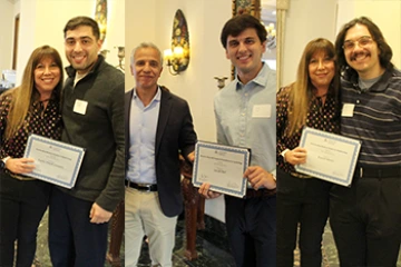 [Fourth-year medical students Curtis Josephs, Jacob Ref and David Mintz, with their award presenters, Amy Sussman, MD, and Hesham Sadek, MD, PhD]