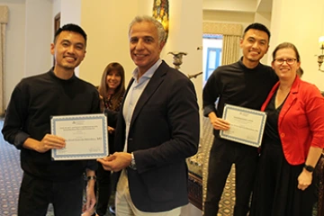 [Mateo “Matthew” Arnel Ibarrola Mendoza, MD, with his award presenters Hesham Sadek, MD, PhD (left), and Laura Meinke, MD (right)]