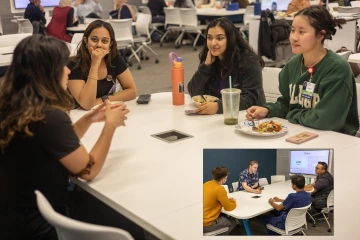 [Two images of the Internal Medicine Subspecialty Speed Dating event hosted March 11, 2025, by the IM Student Association at the College of Medicine – Tucson with Department of Medicine faculty: 1) Sarah Tariq, MD, fellowship director in the Division of Endocrinology, Diabetes & Metabolism; and 2) Eric Brucks, MD, MSc (inset), a general internal medicine specialist at the SAVAHSC. See more photos below.]