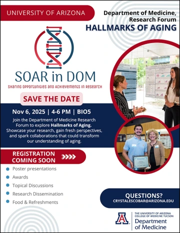 Image of SAVE THE DATE flyer for SOAR in DOM Forum flyer with 'Hallmarks of Aging' theme, 11.6.2025, BIO5.]