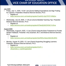 [DOM Faculty Instructional Development session flyer for July-August 2025]